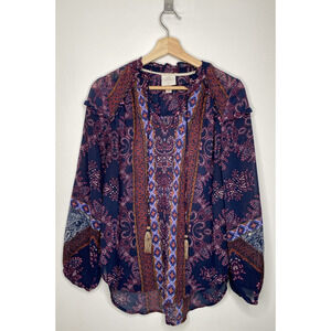 Knox Rose Multicolor Boho Print Long Sleeve Ruffle Top Size M